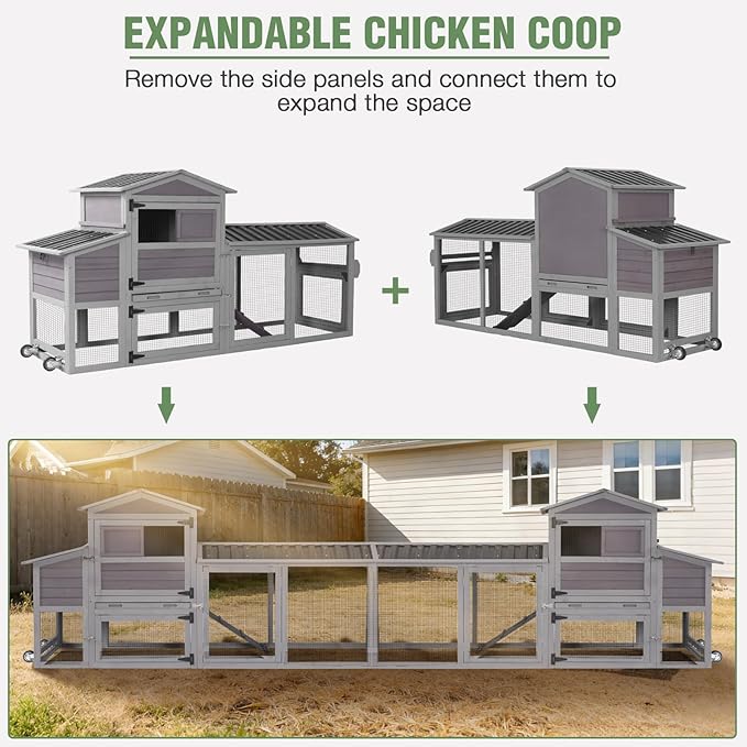 Mobile Chicken Coop with Wheels for 4-6 Chickens, Large Wooden Hen House Expandable Duck Cage with Run, 2 Nesting Boxes, Easy Clean Pull-Out Tray, Waterproof Asphalt Roof (Grey)