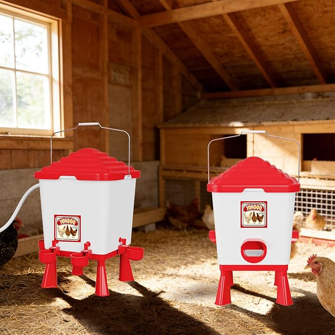 5 Gallon/26 Pounds Automatic Chicken Feeder and Waterer Set, Chicken Waterer with Automatic Float Valve, No Waste, Rain Proof Poultry Feeder, Chick Coop Accessories, for Chicken, Duck, Turkey