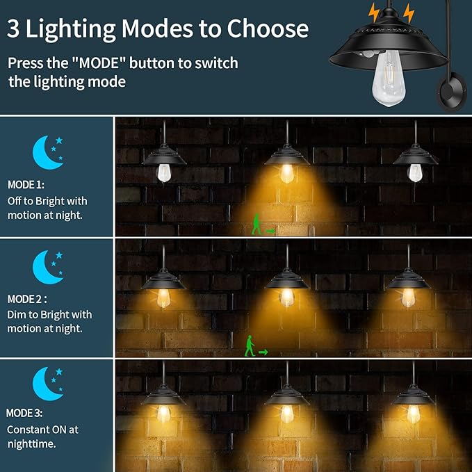 Aqonsie Solar Barn Lights Outdoor, Vintage Rustic Solar Chicken Coop Light with 3 Lighting Modes & Motion Sensor, Waterproof Outdoor Wall Mount Light for Barn, Shed, Chicken Coop