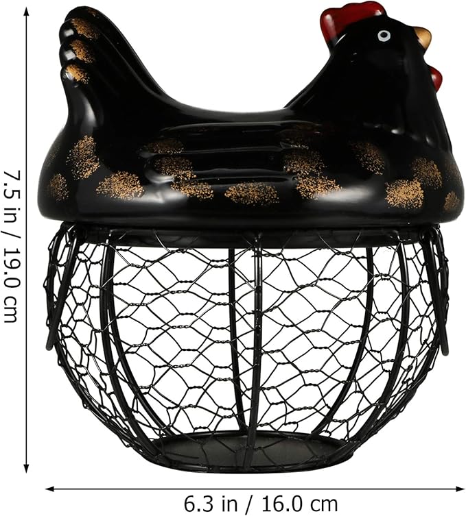 Cabilock Metal Wire Egg Basket Egg Holder Organizer Case with Ceramic Farm Chicken Top Container for Easter Party Gathering Fresh Eggs Storing Fruit Snack