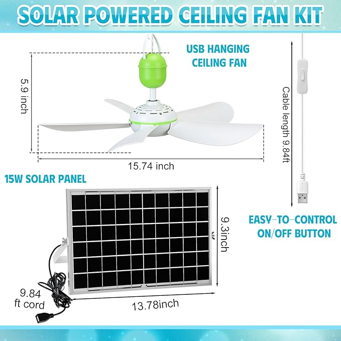 2 Set Solar Powered Ceiling Fan Kit for Outdoor Portable 15 W Solar Panel Powered USB Small Hanging Fan Dual Charging Modes for Chicken Coop Tent Greenhouse Gazebo Shed