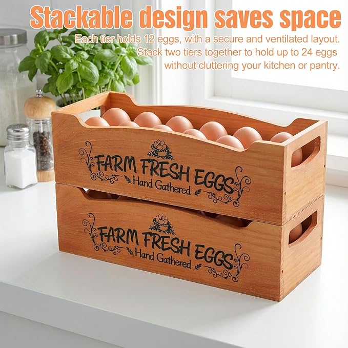2 Pieces Wooden Egg Holder Countertop, Stackable 12 Capacity Farmhouse Rustic Pinewood Egg Storage Display Rack Basket with Handle, Eggs Organizer Stand Box with “Farm Fresh Eggs” Print