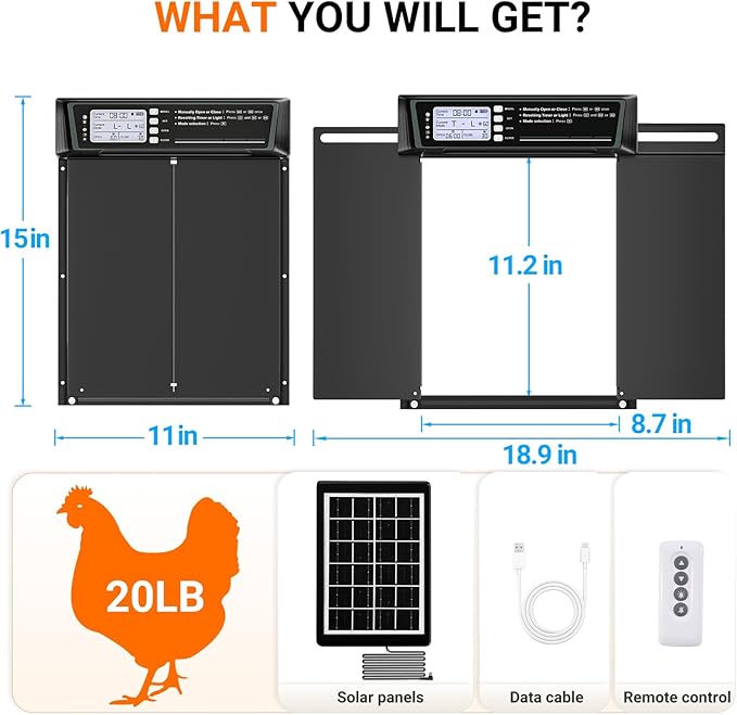 Automatic Chicken Coop Door Solar Powered, Extra Large Horizontal Opening Auto Chicken Door with Timer & Light Sensor, Remote & Manual Control, USB Backup, Anti-pinch, Aluminum Weather-proof Coop Door
