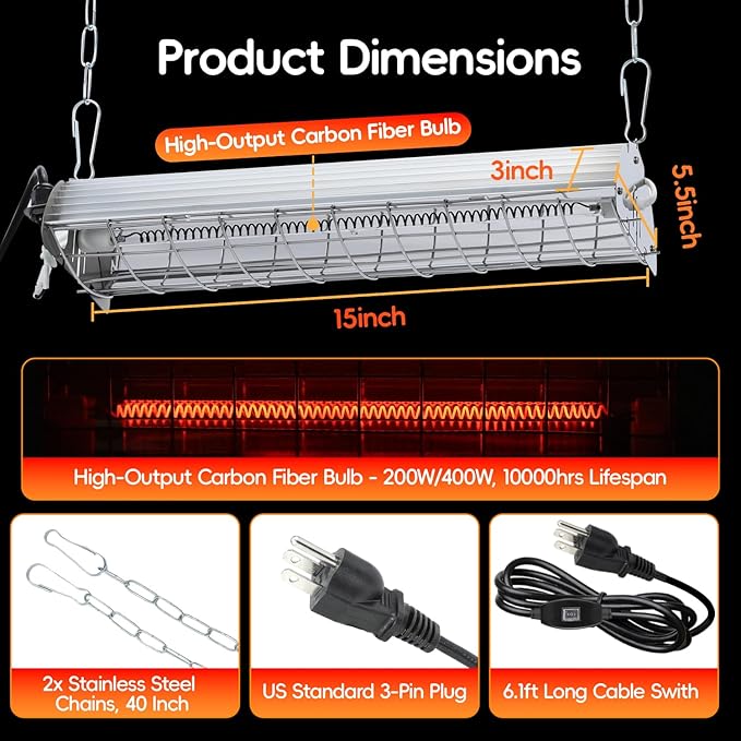 Large Chicken Coop Heater Lamp，400W Carbon Fiber Chicks Brooder Heater Plates with Adjustable Temp & Height,Brooder Heating Lamp for Coop,Ideal for Up to 60 Chicks, Poultry & Livestock Heating