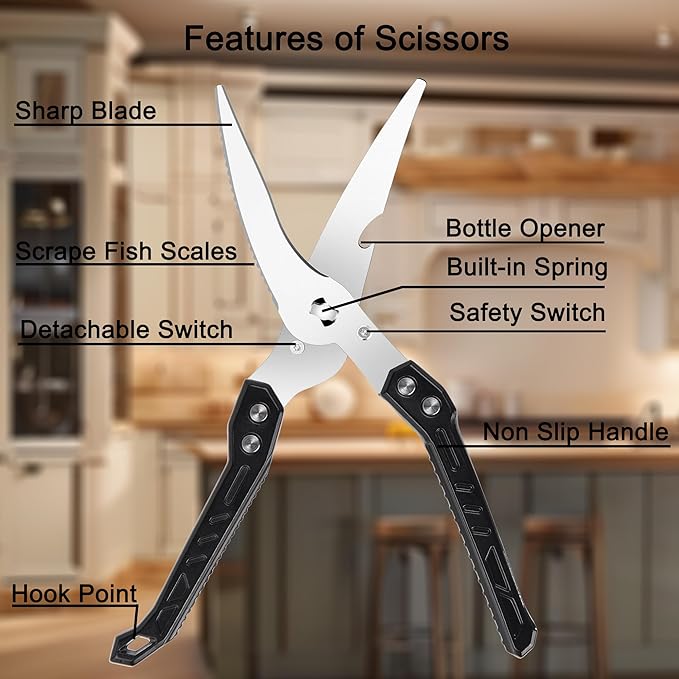 Heavy Duty Kitchen Poultry Shears - Professional Food Scissors for Spatchcocking Chicken, Cutting Raw Meat & Poultry Bones, Thick Steel Blades, Spring-Loaded, Dishwasher Safe Black