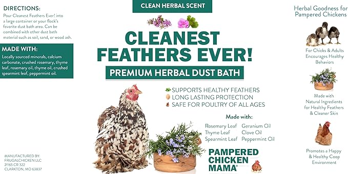 Pampered Chicken Mama Cleanest Feathers Ever! Premium Herbal Dust Bath for Chickens & Poultry with Essential Oils | Poultry Dust & Chicken Bath to Keep Feathers Clean & Healthy (20 Pounds)