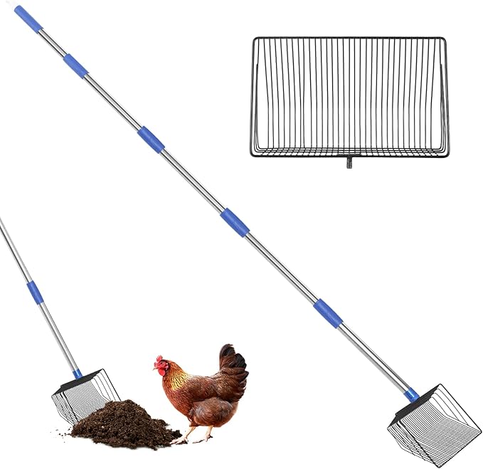 Chicken Poop Scooper,10" Heavy Metal Chicken Poop Scooper, 4-in-1 Multifunctional Litter Sifter with 32" - 75" Adjustable Stainless Steel Handle, Ideal for Chicken Coops, Pet Areas, and Farm Cleanup