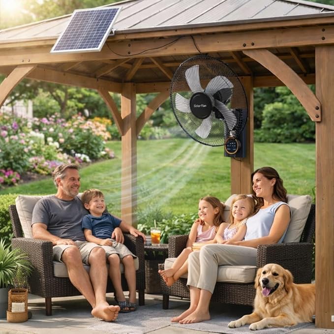 Rechargeable Outdoor Solar with Remote Control, 16" Wall Mounted Fans Oscillating Indoor with Remote Control, Solar Exhaust Fan for Chicken Coop, 3 Speeds, Timer, Adjustable Tilt