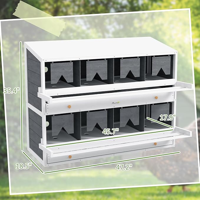 PawHut Chicken Nesting Box, Wooden Roll Out Lay Nesting Boxes for 16-32 Chickens, with 8 Compartments, 2 Egg Collection Trays, 4 Perches, for Chicken Coop, Chicken Run, Gray
