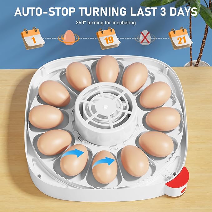 Sailnovo 12 Egg Incubator with Automatic Egg Turning and Humidity Display, 4 Modes Incubators for Hatching Eggs with Bulit-in Candler, 360° View Clear Window, for Chicken,Blue, 11x11x7.6 inch