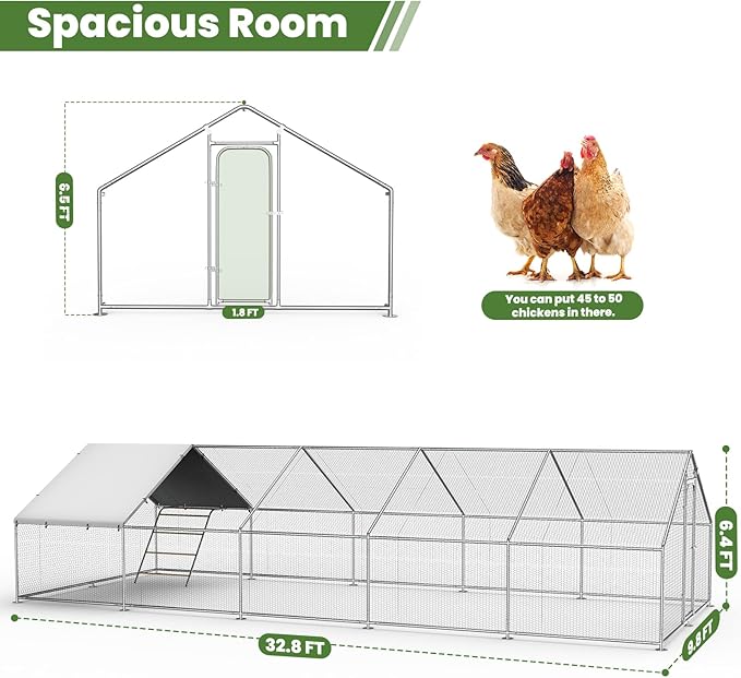 Large Metal Chicken Coop with Roosting Perch, Waterproof and UV Protection Cover, Chicken Run Outdoor Walk-in Cage Chicken Rabbit Duck Hen House, Spire Roof (10'W x 32.8'L x 6.4'H)