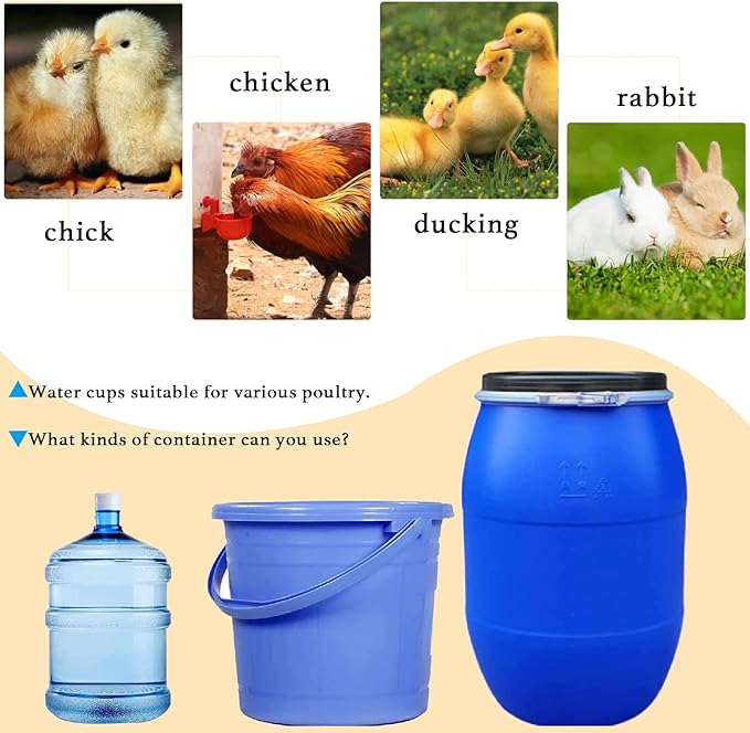 Chicken Water Cups, 6pcs Automatic Chicken Water Feeder, Poultry Waterer Kit Suitable for Chicks, Duck, Goose, Turkey and Bunny, 6-Pack