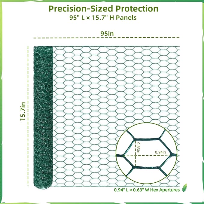 Chicken Wire, Easy to Shape, 15.7 x 87 Inches, Green PVC Coated Lightweight Galvanized Hexagonal Chicken Wire mesh, Floral Chicken Wire for Craft, Poultry, Garden