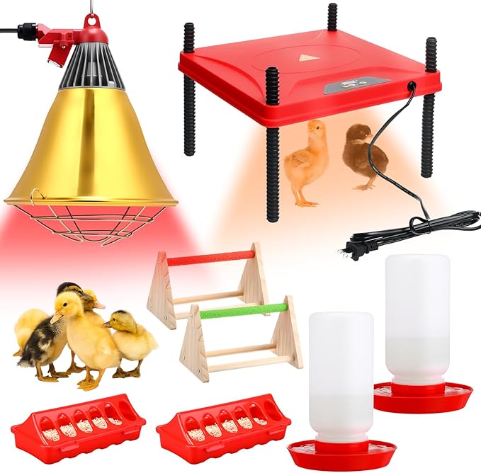 Retisee Chick Start Kit, All in One Brooder Kit Including 12" x 12" Heat Plate 150w Chicken Infrared Red Heat Lamp Feeder and Waterer Perch Flip Top Poultry Feeder for Newborn Livestock Duck Warm