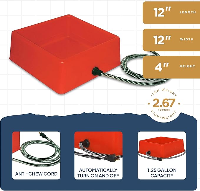 Farm Innovators 1.25 Gallon 60 Watt Electric Heated Pet Water Bowl with Thermostatic Control and Anti Chew Cord Protector, Red (2 Pack)
