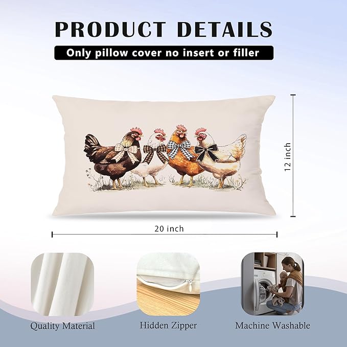 Farmhouse Chicken Lumbar Pillow Covers 12x20 Inch, Chicken Lover Gifts for Women, Farmhouse Chicken Decor