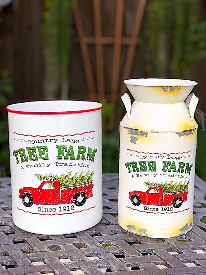 Christmas Holiday Bucket Container Decor Organizer Antique Truck White / Country Line Tree Farm / (9.7" Milk Can)
