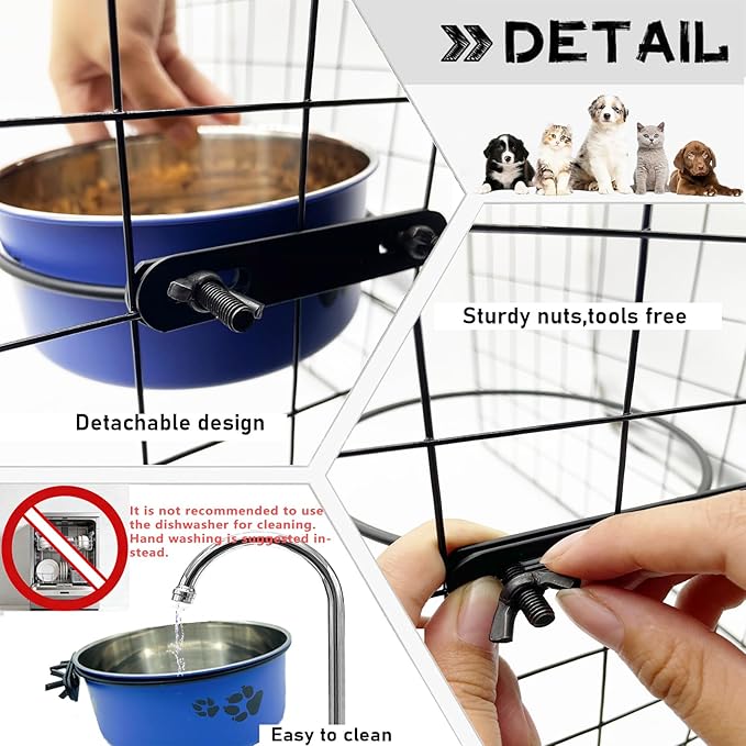 Dog Crate Food and Water Bowl 2Pcs Small Pet Hanging Kennel Removable Dish Feeding Cup with Holder No Spill for Medium Large Size Puppy Cat (Blue, 6.3''X2.5''&7.1‘’X2.7'')
