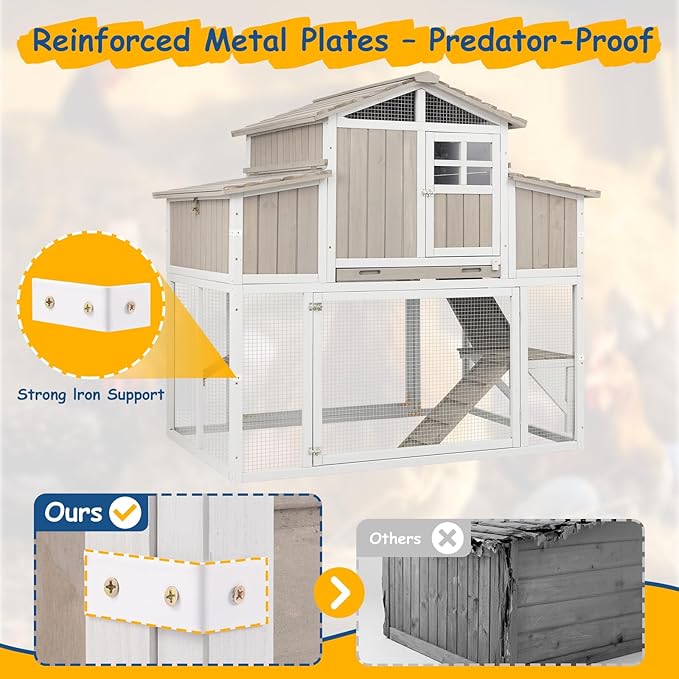 Outdoor Wooden Chicken Coop for 2–4 Chickens, 2-Tier Design Elevated Hen House with Dual Nesting Boxes, Slide-Out Tray, Reinforced Frame, Expandable Run, Expandable Run Connection, Grey