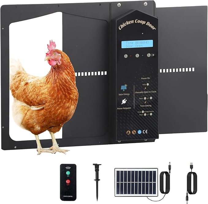 NEONMAN Automatic Chicken Coop Door Solar Powered, Automatic Chicken Cage, Large Programmable LCD Screen 3 Power Modes Safety Anti-Pinch, Suitable for Poultry