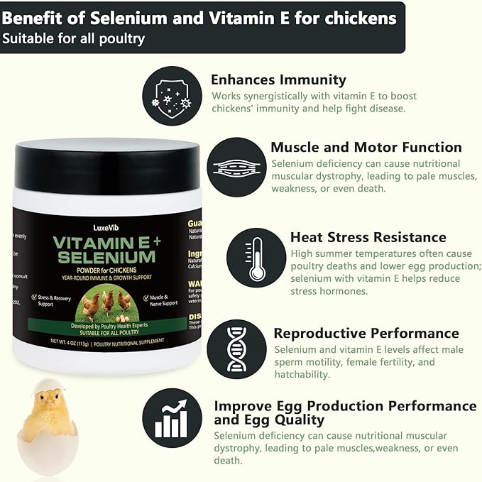 Selenium & Vitamin E Powder for Chickens, Selenium for Chickens, Immune System, Muscle Support & Prevents, Improve Wry Neck, Selenium, Vitamin E Supplements, Suitable for All Poultry