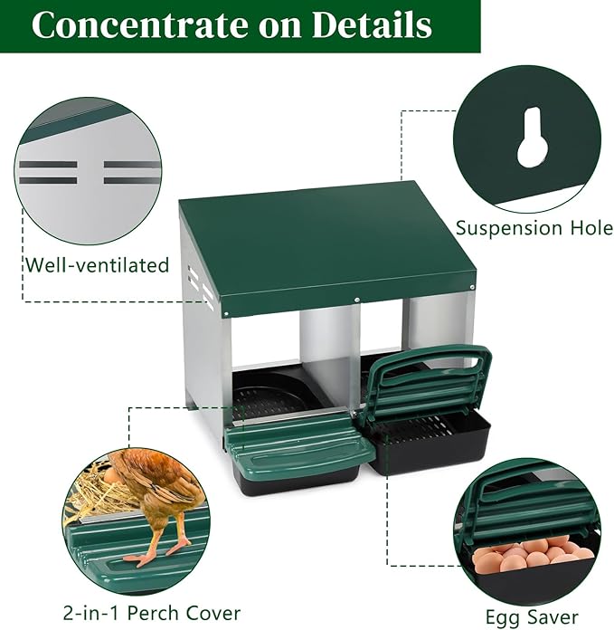Chicken Nesting Boxes Plastic with Roll Away Egg,2 Compartment Roll Out Chicken Nest Box Egg Laying Box with Lid Cover,Rolling Egg Collection & Protection Chicken Coop for Up to 2 Hens,Green