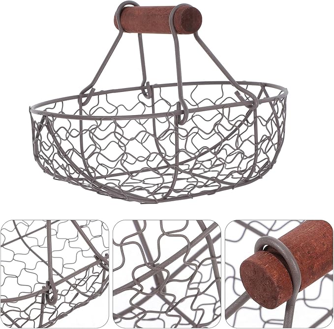Chicken Wire Egg Basket Wooden Handle Retro Iron Storage Basket for Collecting Eggs, Fresh Fruit, Bread, and Snacks