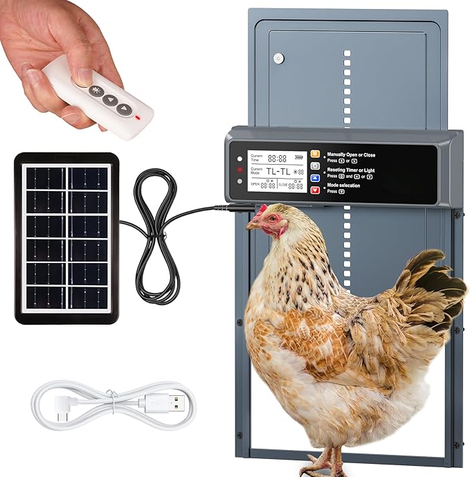 Automatic Chicken Coop Door Solar Powered, LCD Display Automatic Chicken Door with Timer & Light Sensor Mix 4Modes, Aluminum Alloy Chicken Door, Range 20M Remote Control Solar Chicken Coop Door