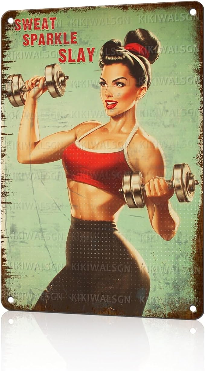 Fitness Girl with Dumbbells Motivational Wall Art Poster Sweat Sparkle Slay Tin Sign Gym Decor for Home & Office Decor Bedroom Bathroom Cafe 8x12Inch