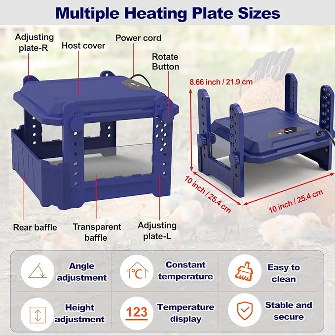 Chick Brooder Heating Plate with Adjustable Temperature, 10"x10" Chicken Brooder Heater for Baby Chicks, Ducklings, Safer Alternative to Heat Lamps, Adjustable Height, 50W Brooder Plate(Blue)