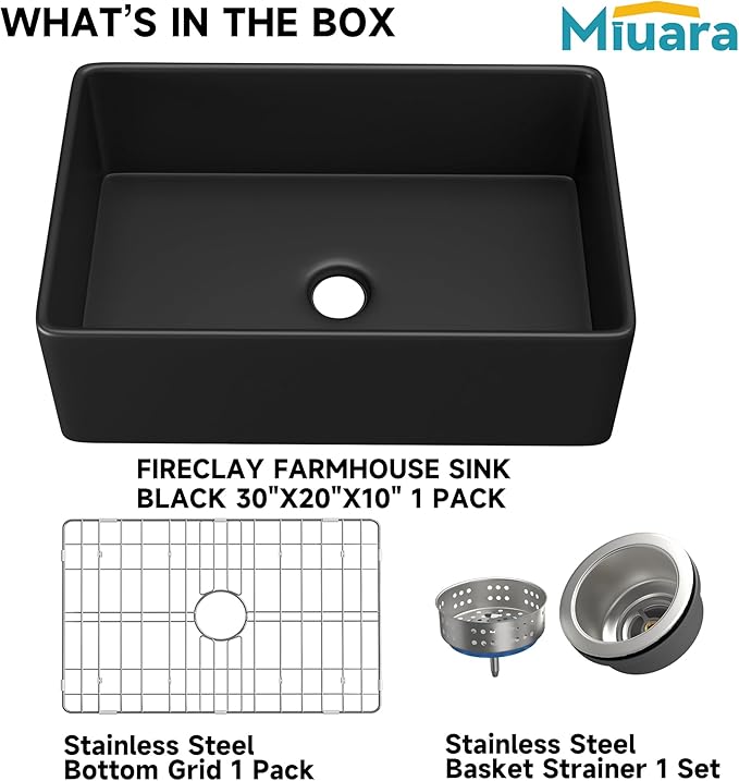 Miuara Black Farmhouse Sink 30 Inch - Apron Front Undermount Kitchen Sink 30"x20"x10", Farm House Style Deep Single Bowl, Heavy Duty Solid Fireclay, Matte Black, for Kitchen
