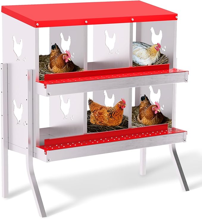 Chicken Nesting Boxes, 6-Compartment Metal Egg Laying Box with Swing Perch and Secure Lid – Versatile Wall Mount or Free Standing Suitable for Various Chicken Breeds - red with Leg