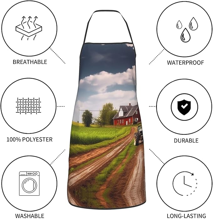 Kitchen Apron For Women Men Waterproof Heat Insulation Cooking Aprons Country Road With Farm And Tractor Bib Apron With Large Pockets For Chefs, Bbq, Baking, Gardening, Salon