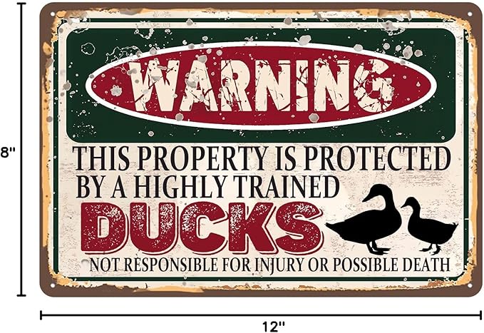 Vintage Ducks Metal Sign， Warning this property is protected bY a highly trained Ducks Sign Funny Tin Signs 12x8 Inch