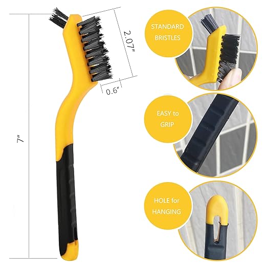 Wire Brush Set 3Pcs, Nylon/Brass/Stainless Steel Bristles with Curved Handle Grip for Cleaning with Curved Handle Grip for Rust Removal, Dirt, Paint Scrubbing Yellow