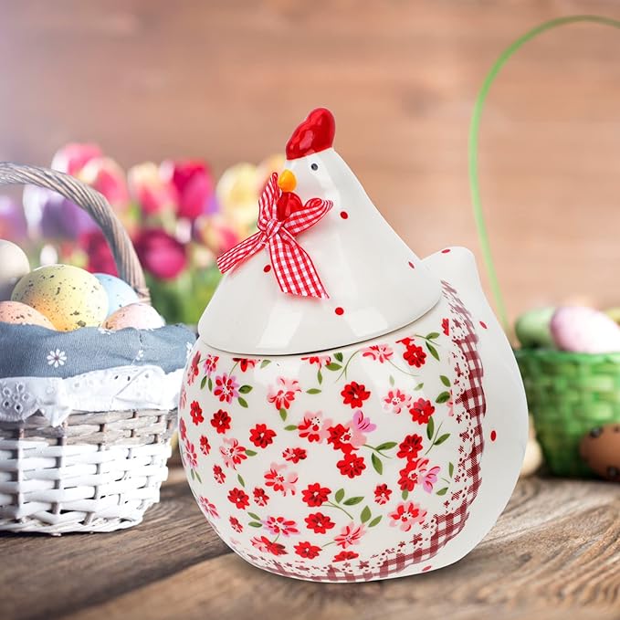 Alipis Chicken Cookie Jar - Red Floral Ceramic Hen Storage Tank - Decorative Farmhouse Candy Canister for Easter, Kitchen Countertop and Spring Decor