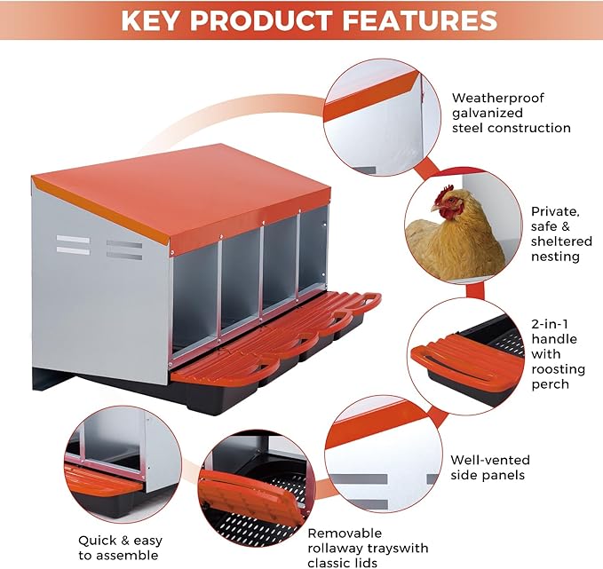 Chicken Nesting Boxes with Cleanable Pull-Out Trays, 4-Hole Wall Mount Roll Away Nest for Easy Cleaning & Egg Collection