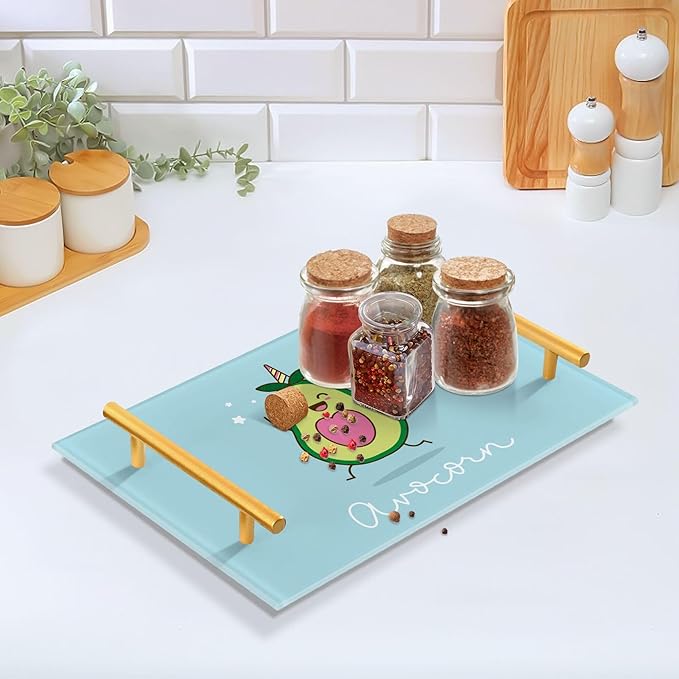 Bathroom Vanity Tray Counter Organizer, Cute Avocado Blue Decorative Tray with Handles Countertop Storage for Bathroom Bedroom Kitchen Home Farmhouse