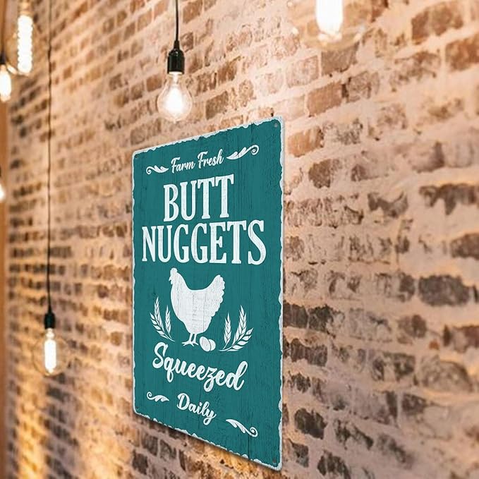 Farm Fresh Butt Nuggets Tin Sign Chicken Coop Vintage Metal Hanging Plaque for Farm Barn Yard Garden Egg Market Kitchen Bar Home Wall Decor Hen House Accessories Outdoor 12x8 Inch