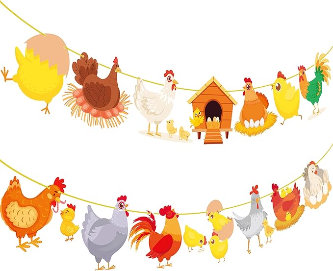 Chicken Party Banners Chicken Birthday Decorations 2PCS Farm Chicken Theme Party Supplies Chick Hen Cutout Banners for Farm Rooster Animals Baby Shower Supplies