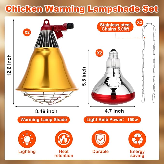 3 Set Heat Lamp for Chickens Include 350w Carbon Fiber Chicken Coop Brooder Heater Lamp Warming Lampshade with 150w Infrared Red Heat Bulb for Chicks Ducks Rabbits Dogs
