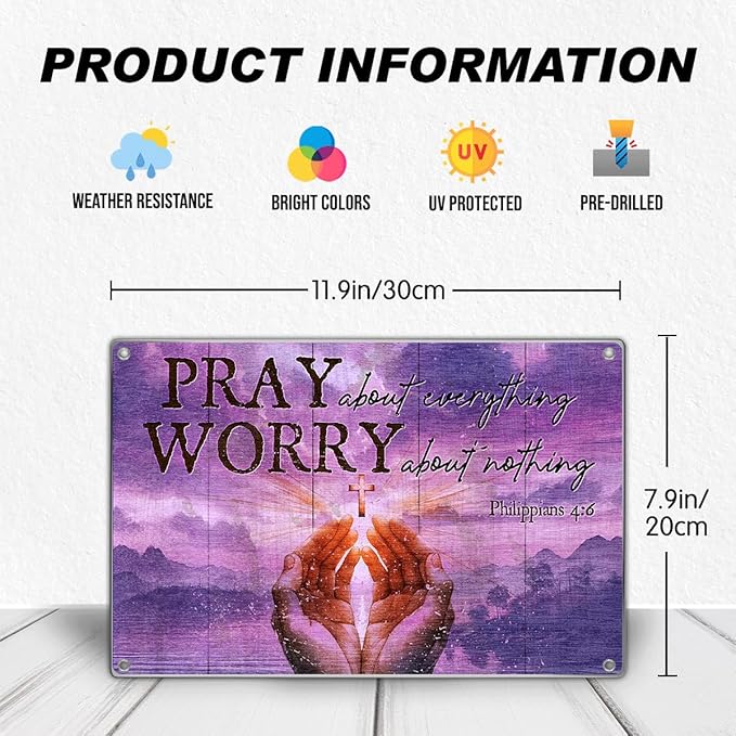 Pray About Everything Worry Nothing Philippians 46 Metal Sign 12 x 8 Inch Christian Home Wall Decor Inspirational Religious Faithbased Room Decoration Vintage