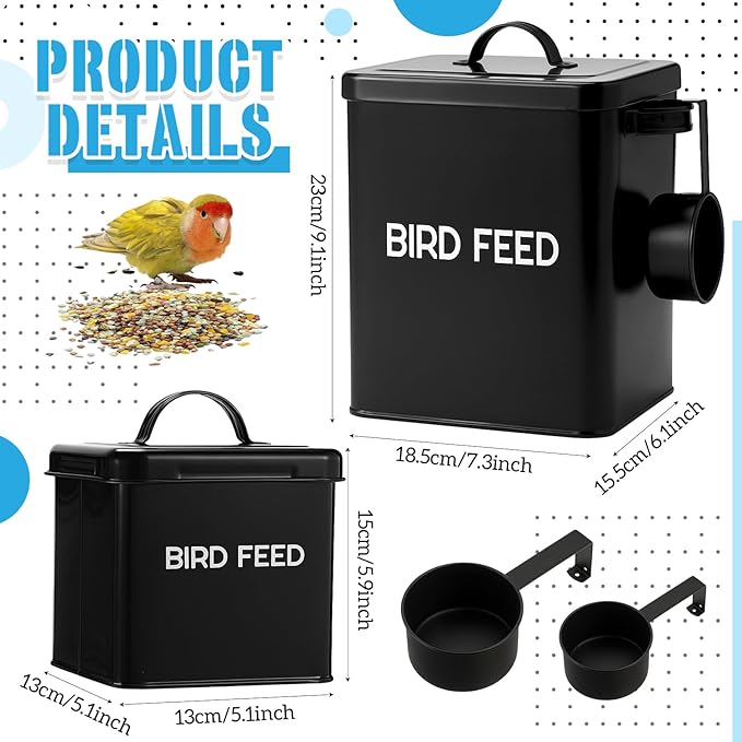 2 Pcs Metal Bird Seed Container with Scoop, Bird Feed Storage Container with Fitted Lid, Farmhouse Style Ideal Gift for Birds and Pet Owners(Black)