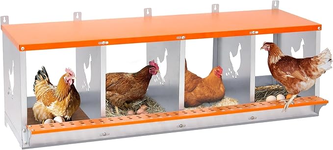 4-Bay Metal Nest Box for Chickens Wall Mount, Galvanized Steel Hen Laying Box with Hen-Shaped Vent Holes, Includes Coconut Fiber Pad, Easy to Clean & Assemble (Orange/Silver)