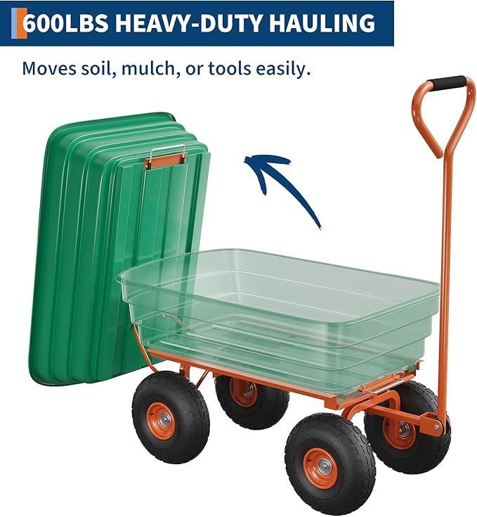 Heavy Duty Garden Dump Cart 1200 lbs, 125L Utility Wagon with 180° Adjustable Handle, Quick Release, 10" All-Terrain Tires for Yard, Lawn, Landscaping – Green + Orange | 1200 lbs. load capacity | 125L