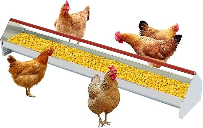 Chicken Feeding Trough 45", Heavy Duty Galvanized Steel Poultry Feeder with Red Crossbar & Drainage Holes, Large Capacity Feeder Trough for Chicken, Duck, Goose, Turkey, Rabbit, Pigeon