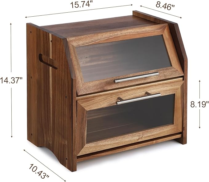 Garvee Double Layer Bread Box – Acacia Wood Bread Bin with Clear Acrylic Door & Air Vents, Rustic Countertop Bread Storage Container for Homemade Bread, Bagels, Muffins (Brown & Silver)