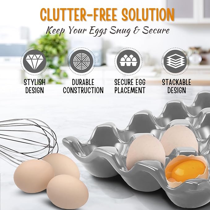 Flexzion 12 + 6 Cups Ceramic Egg Holder for Fridge - 18 Porcelain Egg Tray Container Keeper Storage Organizer Decorative Serving Stand Serveware for Refrigerator Countertop Display Kitchen (Gray)