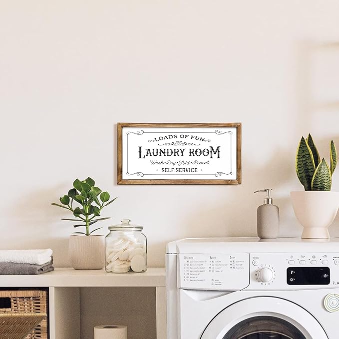 Laundry Room Sign - Vintage Rustic Wooden Wall Decor, Farmhouse Laundry Room Decor with “Loads of Fun” Quote, 16x8 Inches