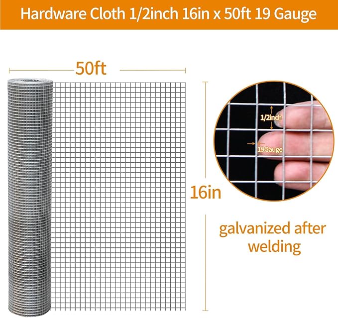 1/2inch 16"x50' Chicken Wire Fencing Roll, Galvanized Hardware Cloth, 19Ga Hot-Dip Welded Preventing Snakes, Raccoons and Foxes
